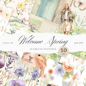Aquarell Willkommen Frühling Nahtlose Muster, Blumenmuster JPEG Frühlingsblumen Digitaler Download Schmetterling Muster Scrapbook Papier