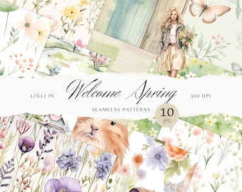 Watercolor Welcome Spring Seamless Patterns, Floral Pattern JPEG Spring flowers Digital Download Butterfly Repeating pattern Scrapbook Paper