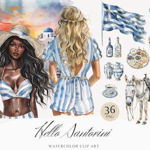 Acuarela Hola Santorini Clipart Bundle, Clip Art Griego, Grecia, Viaje Romántico PNG, Vacaciones de Verano, Descarga Instantánea Uso Comercial
