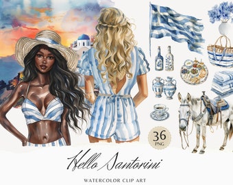 Watercolor Hello Santorini Clipart Bundle, Greek Clip Art, Greece, Romantic Travel PNG, Summer Vacation, Instant Download Commercial Use