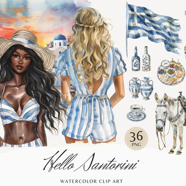 Watercolor Hello Santorini Clipart Bundle, Greek Clip Art, Greece, Romantic Travel PNG, Summer Vacation, Instant Download Commercial Use