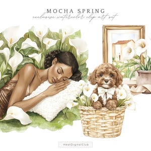 May include: A watercolor illustration of a woman sleeping in a bed of white calla lilies, a brown dog sitting in a wicker basket with white calla lilies, and a framed picture of a house with a red roof.