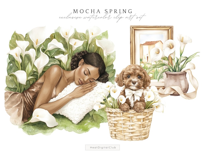 May include: A watercolor illustration of a woman sleeping in a bed of white calla lilies, a brown dog sitting in a wicker basket with white calla lilies, and a framed picture of a house with a red roof.