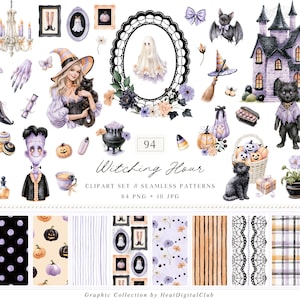 May include: A digital clipart collection titled 94 Witching Hour featuring watercolor illustrations of ghosts, a haunted house, a witch with a black cat, pumpkins, a cauldron, and various Halloween-themed patterns in shades of purple, black, and orange.