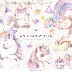 Zestaw clipartów akwarelowych Unicorn World, pastelowe jednorożce, słodkie przyjęcie jednorożca PNG, zaproszenie na przyjęcie dla dzieci Clipart, wystrój pokoju dziecięcego