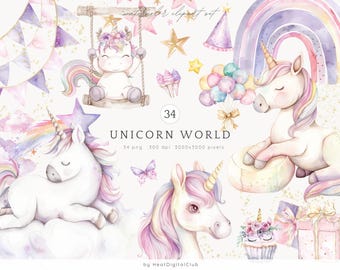 May include: A set of 34 watercolour illustrations featuring unicorns in various poses, including a unicorn on a swing, a unicorn with balloons, and a unicorn sleeping on a cloud. The illustrations are in a pastel colour palette and feature gold glitter accents. The text "Unicorn World" is included in the image.