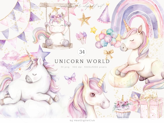 Watercolor Unicorn World Clipart Bundle, Pastel Unicorns Clip Art, Cute Unicorn Party PNG, Kids Party Invitation Clipart, Nursery Decor