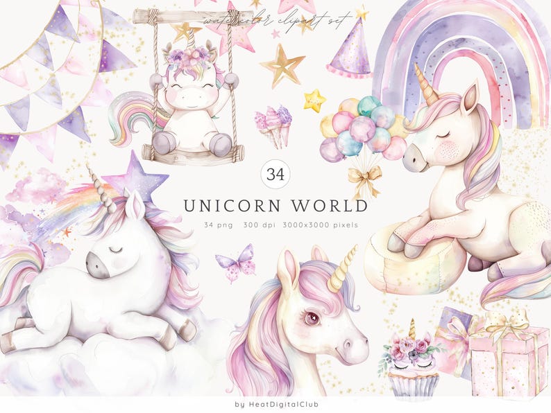 K&ouml;nnte beinhalten: Ein Set mit 34 Aquarell-Illustrationen, die Einh&ouml;rner in verschiedenen Posen zeigen, darunter ein Einhorn auf einer Schaukel, ein Einhorn mit Ballons und ein Einhorn, das auf einer Wolke schl&auml;ft. Die Illustrationen sind in einer Pastellfarbpalette gehalten und haben goldene Glitzerakzente. Der Text "Unicorn World" ist im Bild enthalten.