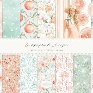 Puede incluir: Una colección de patrones sin costuras en acuarela con temática de verano. Los patrones incluyen ilustraciones de naranjas, diseños florales y una mujer en traje de baño. El texto "Grapefruit Breeze" se muestra en una pancarta blanca.