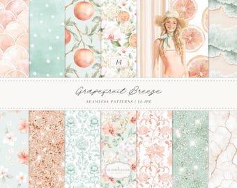 Watercolor Summer Seamless Patterns,Grapefruit Breeze, Beach Patterns, Citrus Pattern, Mint Green Pattern, Coastal Patterns,Digital Download