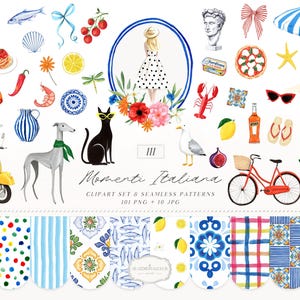 Könnte beinhalten: Aquarell-Clipart-Set mit italienischen Themen. Enthält einen gelben Roller, ein rotes Fahrrad, eine schwarze Katze mit Sonnenbrille, einen Windhund, Pizza, Zitronen und verschiedene nahtlose Muster. Der Text lautet "Momenti Italiana".