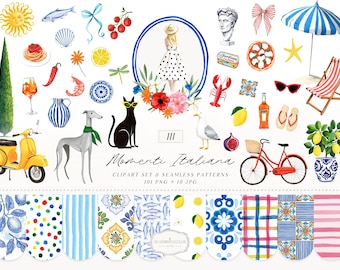 May include: Watercolor clipart set featuring Italian-themed illustrations. Includes a yellow scooter, a red bicycle, a black cat with sunglasses, a greyhound, pizza, lemons, and various seamless patterns. The text reads "Momenti Italiana".
