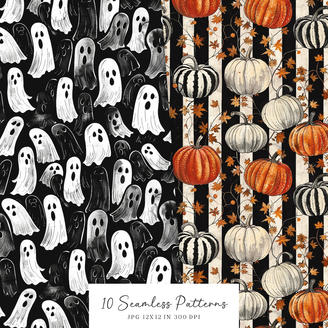 Watercolor Vintage Halloween Seamless Patterns, Classic Spooky Pattern ...