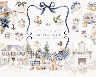 May include: A watercolour clipart set, "TIMELESS NOËL" Blue Edition, featuring festive illustrations. The image includes Santa Claus, a house, a ballerina, and Christmas decorations such as a mailbox, snow globe, and wrapped gifts.