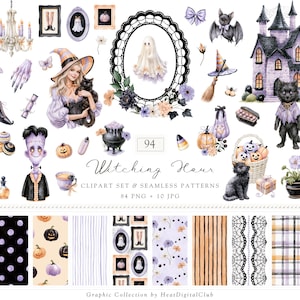 May include: A digital collection titled Witching Hour featuring 94 watercolor-style illustrations including a haunted mansion, ghosts, a witch with a black cat, a Frankenstein-like character, pumpkins, a cauldron, and various seamless patterns.