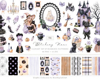 Watercolor Halloween Clipart and Seamless Patterns Bundle, Witching Hour Spooky Witch Graphics (Digital Download)