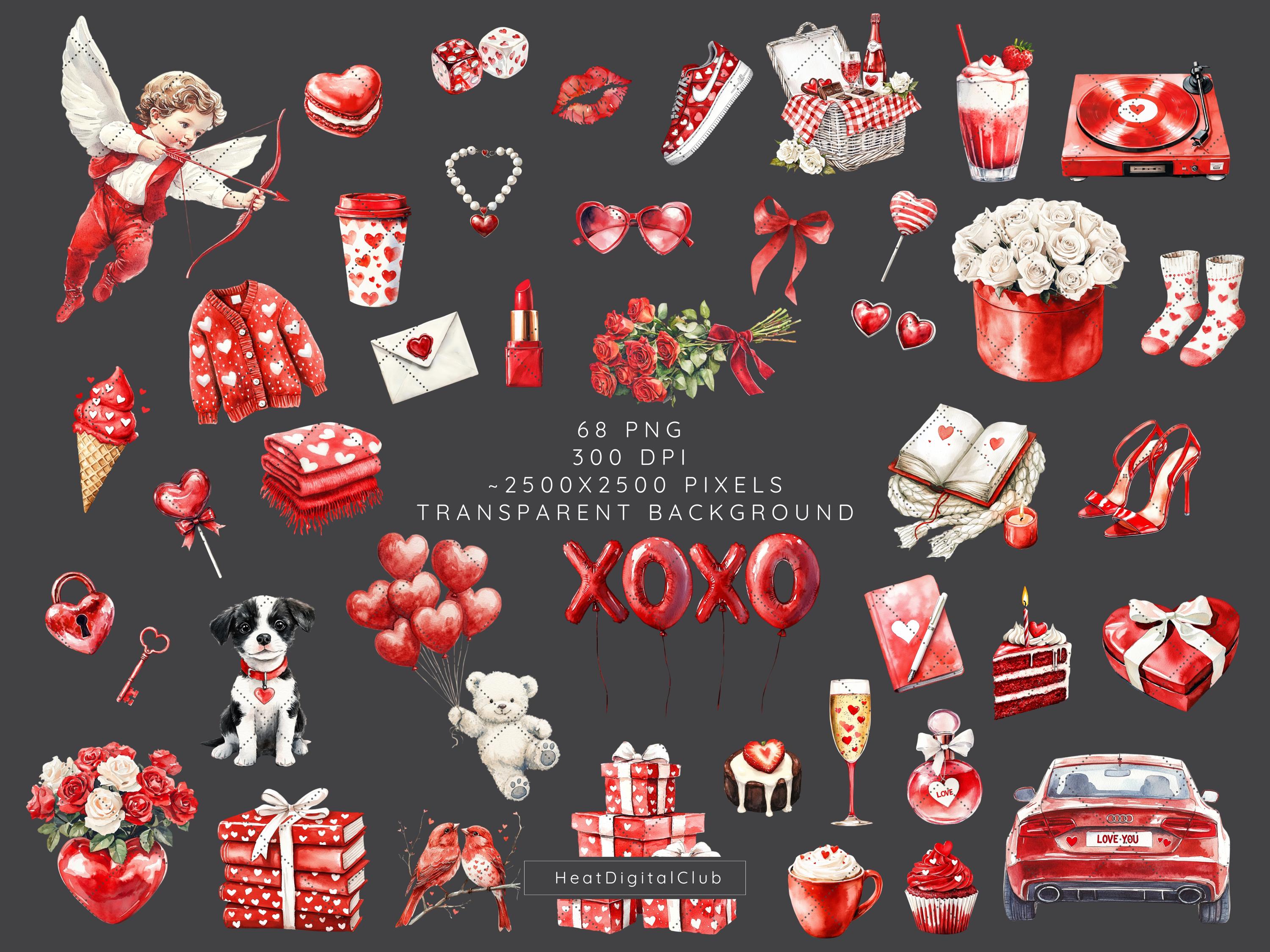 Watercolor Valentines Day Clipart Bundle, Romantic Clip Art PNG, XOXO ...