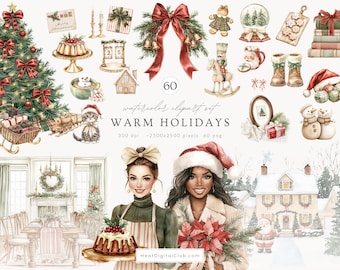 Watercolor Warm Holidays ClipArt, Cozy Winter Clip Art Bundle, Christmas PNG, Cottagecore clipart, Digital Download, Commercial Use