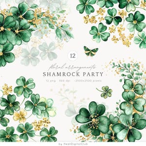 Op de afbeelding: Twaalf digitale illustraties van klaverbladeren met gouden glitteraccenten. De klaverbladeren zijn groen en de glitter is goud. De illustraties zijn perfect om ontwerpen voor St. Patrick's Day te maken.