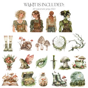 Op de afbeelding: Een set van 40 digitale illustraties met fantasievolle boswezens, paddenstoelen en andere natuur-ge&iuml;nspireerde elementen. De illustraties zijn in aquarelstijl en bevatten een verscheidenheid aan kleuren, waaronder groen, bruin en rood.