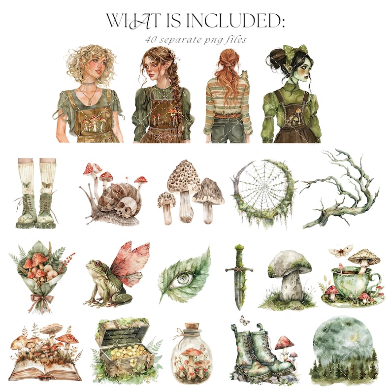 Op de afbeelding: Een set van 40 digitale illustraties met fantasievolle boswezens, paddenstoelen en andere natuur-ge&iuml;nspireerde elementen. De illustraties zijn in aquarelstijl en bevatten een verscheidenheid aan kleuren, waaronder groen, bruin en rood.