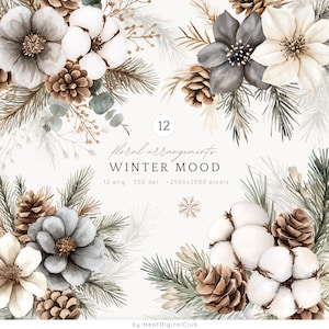 ClipArt de arreglo de ambiente invernal con acuarela, paquete de imágenes prediseñadas de invierno acogedor, flores de invierno PNG, imágenes prediseñadas de flor de pascua, descarga digital