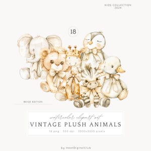 Aquarel beige vintage pluche dieren clipart bundel, kinderdagverblijf clip art babyshower party uitnodiging png, baby dier decor scrapbooking