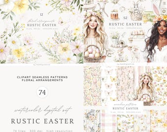 Watercolor Rustic Easter Clipart, Pastel Easter Clip Art, Easter Bunny, Spring Clipart, Happy Easter PNG, Cozy Easter, Digital Stickers