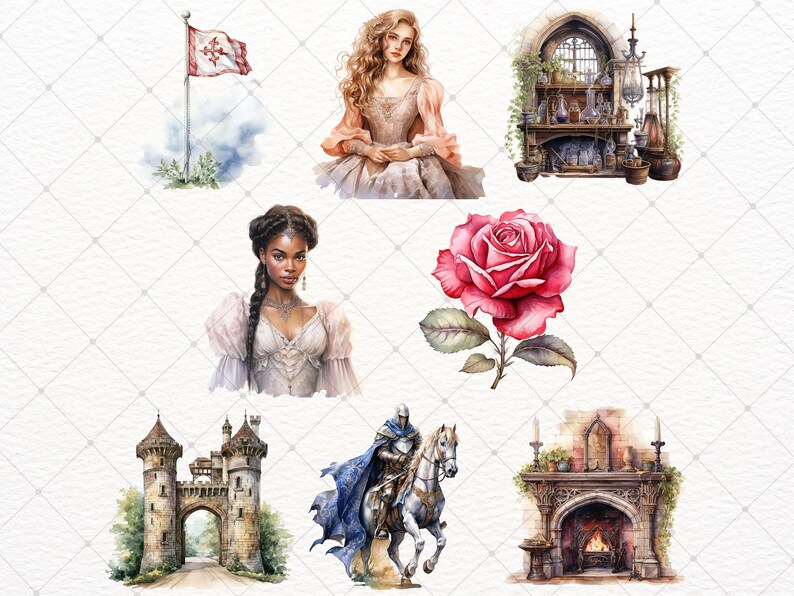 May include: A digital illustration set featuring a medieval castle gate, a knight on horseback, a woman with long brown hair, a woman with long black braids, a red rose, and a fireplace with a stone mantle.