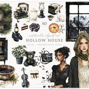 以下が含まれることがあります： 「Hollow House」と題された水彩画クリップアートセット。ゴシックをテーマにした様々なイラストが特徴です。湖畔の小屋、本の上に置かれた骸骨、黒いキャビネット、緑のフードをかぶった女性、その他不気味な要素が含まれています。