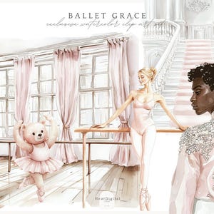 May include: A watercolor illustration of a ballerina in a pink leotard, a teddy bear in a pink tutu, and a person in a pink jacket with a sparkly design. The ballerina is standing at a ballet barre in a room with pink curtains and windows. The text "BALLET GRACE" is written at the top of the image.