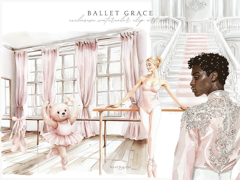 May include: A watercolor illustration of a ballerina in a pink leotard, a teddy bear in a pink tutu, and a person in a pink jacket with a sparkly design. The ballerina is standing at a ballet barre in a room with pink curtains and windows. The text "BALLET GRACE" is written at the top of the image.
