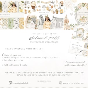 May include: A digital art collection titled "Beloved Fall" featuring watercolor illustrations. The set includes a main clipart set, floral compositions, seamless patterns, and a full collection bundle. The artwork showcases fall-themed elements.