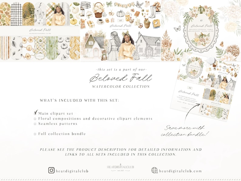 May include: A digital art collection titled "Beloved Fall" featuring watercolor illustrations. The set includes a main clipart set, floral compositions, seamless patterns, and a full collection bundle. The artwork showcases fall-themed elements.
