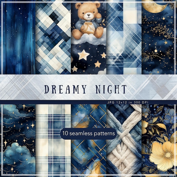 10 Seamless Watercolor Dreamy Night Patterns, Starry Sky, Teddy Bear Digital Download JPEG, Repeating Pattern Digital Papers Scrapbook Paper