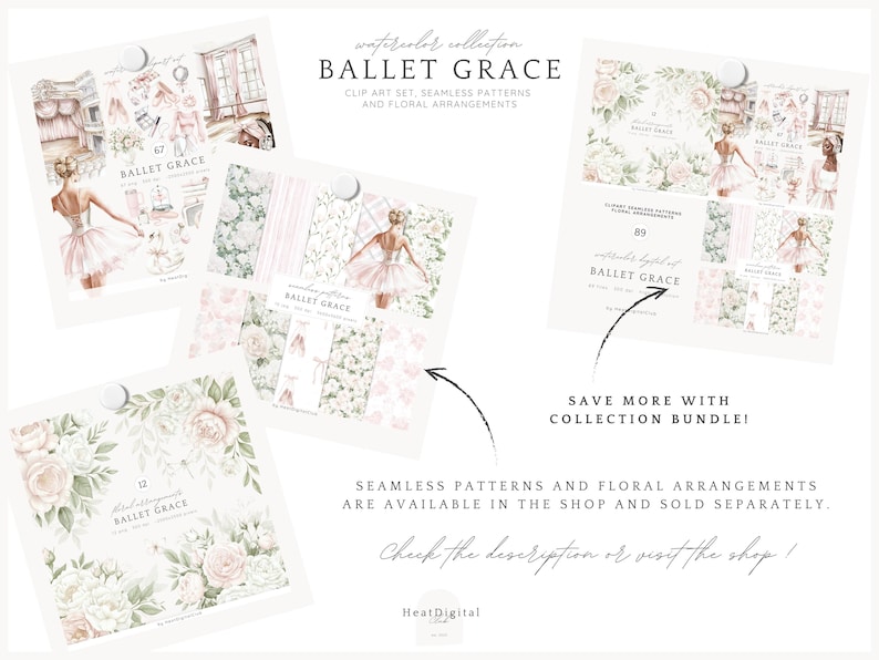 May include: A digital illustration set featuring a ballerina in a pink tutu and floral arrangements. The set includes clip art, seamless patterns, and floral arrangements. The text "watercolor collection BALLET GRACE" is at the top of the image.
