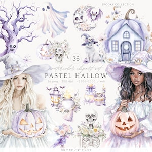 Clipart Halloween pastel aquarelle, clipart Halloween effrayant floral, paquet PNG doux et confortable pour Halloween, tout usage commercial, stickers numériques