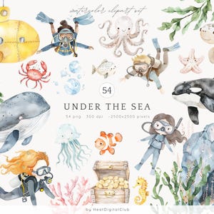 Aquarela Sob O Mar Clipart, Undersea Clip Art, decoração de berçário png, bebê polvo, água-viva, baleia, animais fofos do oceano png, chá de bebê