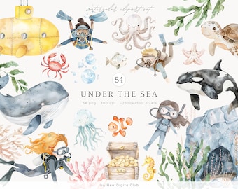 Watercolor Under The Sea Clipart, Undersea Clip Art, nursery decor png, baby octopus, jellyfish, whale, cute ocean animals png, baby shower