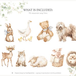 May include: Watercolor illustrations of various animals, including a rabbit, goose with chicks, teddy bear, dog, deer, cat, sheep, pig in a basket, and hedgehog. The image includes the text "WHAT IS INCLUDED: 70 separate png files."