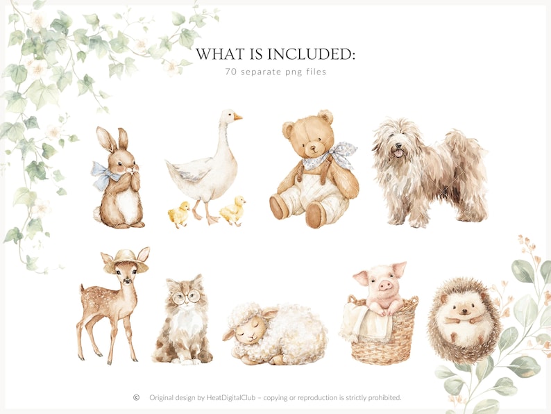 May include: Watercolor illustrations of various animals, including a rabbit, goose with chicks, teddy bear, dog, deer, cat, sheep, pig in a basket, and hedgehog. The image includes the text "WHAT IS INCLUDED: 70 separate png files."