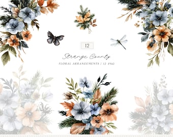 Watercolor Fall Floral Arrangements, Strange County Moody Autumn Botanical PNG Collection (Digital Download)