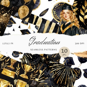 Può includere: Un set di 10 motivi digitali senza cuciture con temi di laurea. I motivi includono colori oro e nero, con immagini di cappelli di laurea, stelle, coriandoli e trofei. I motivi sono di 12x12 pollici e 300 DPI.