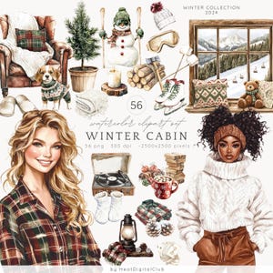 Cabine de inverno em aquarela ClipArt, Pacote de clipart de inverno aconchegante, Feriados PNG, Férias de inverno PNG, Cottagecore clipart, Download digital