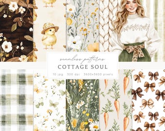 Watercolor Cottage Soul Seamless Patterns, Floral Rustic JPEG, Cottagecore Pattern, Flowers, Digital Repeating pattern, Scrapbook Paper