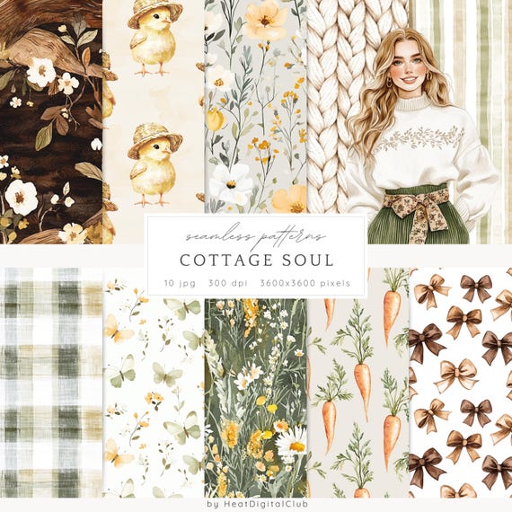 Watercolor Cottage Soul Seamless Patterns, Floral Rustic JPEG, Cottagecore Pattern, Flowers, Digital Repeating pattern, Scrapbook Paper