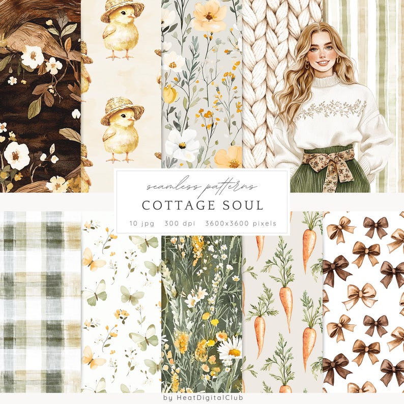 Może przedstawiać: Zestaw 10 cyfrowych wzor&oacute;w bez szw&oacute;w w stylu cottagecore. Wzory zawierają ilustracje kurcząt, motyli, kwiat&oacute;w, marchewek, kokardek i kraty. Wzory mają rozmiar 3600x3600 pikseli i rozdzielczość 300 dpi.