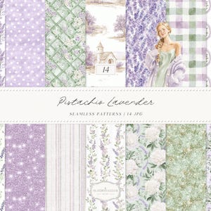 Könnte beinhalten: Eine Sammlung nahtloser Aquarellmuster in Lavendel-, Grün- und Weißtönen. Designs umfassen Blumen-, Tupfen- und Karomuster sowie eine Aquarellillustration einer Frau. Der Text "Pistachio Lavender" und "Seamless Patterns / 14 JPG" sind ebenfalls sichtbar.