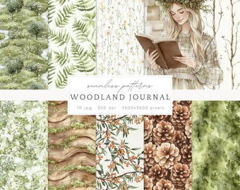 Watercolor Woodland Journal Seamless Patterns, Floral Rustic JPEG, Cottagecore Pattern, Flowers, Digital Repeating pattern, Scrapbook Paper