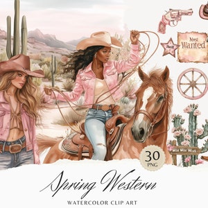 Pacchetto di clipart primaverili Western ad acquerello, grafica PNG di ranch di cavalli da cowgirl in Texas, clip art Cottagecore, download immediato, uso commerciale